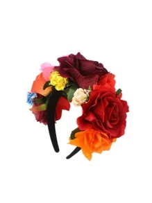 1pc Women Halloween Party Headband Cosplay Costume Accessory, Polyester Fabric Multi-Color Rose Flower Headband, Retro Mexican Headpiece, Maternity Photo Shoot Boho Vacation Hair Decor, Hair Band, Hair Hoop ,Hairband For Women