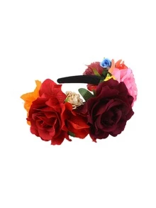 1pc Women Halloween Party Headband Cosplay Costume Accessory, Polyester Fabric Multi-Color Rose Flower Headband, Retro Mexican Headpiece, Maternity Photo Shoot Boho Vacation Hair Decor, Hair Band, Hair Hoop ,Hairband For Women