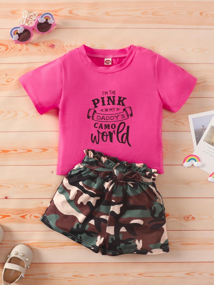 小女童標語圖案T恤和迷彩印花紙袋腰附腰帶短褲 - 彩色 - 查看 1