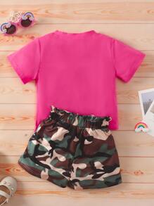 小女童標語圖案T恤和迷彩印花紙袋腰附腰帶短褲 - 彩色 - 查看 2