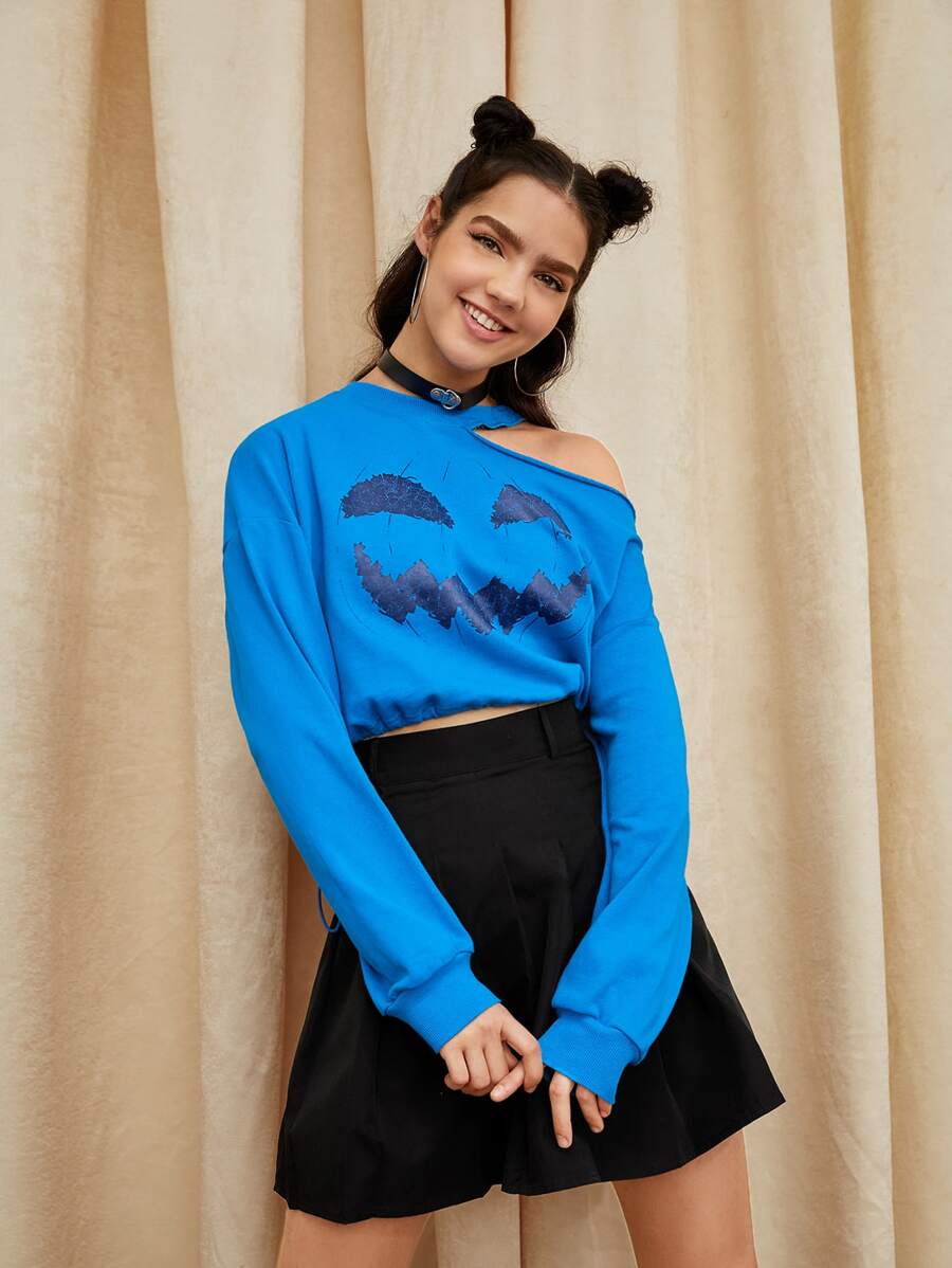 Tobefonseca Pullover de cuello asimétrico con estampado de dibujo - Azul - Ver 1