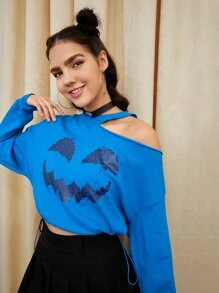 Tobefonseca Pullover de cuello asimétrico con estampado de dibujo - Azul - Ver 3