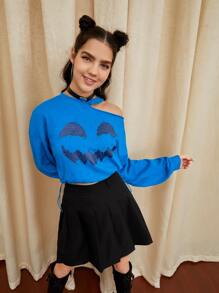 Tobefonseca Pullover de cuello asimétrico con estampado de dibujo - Azul - Ver 5