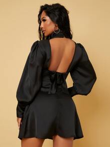SHEIN Cutout Tied Backless Lantern Sleeve Dress - Black - View 4