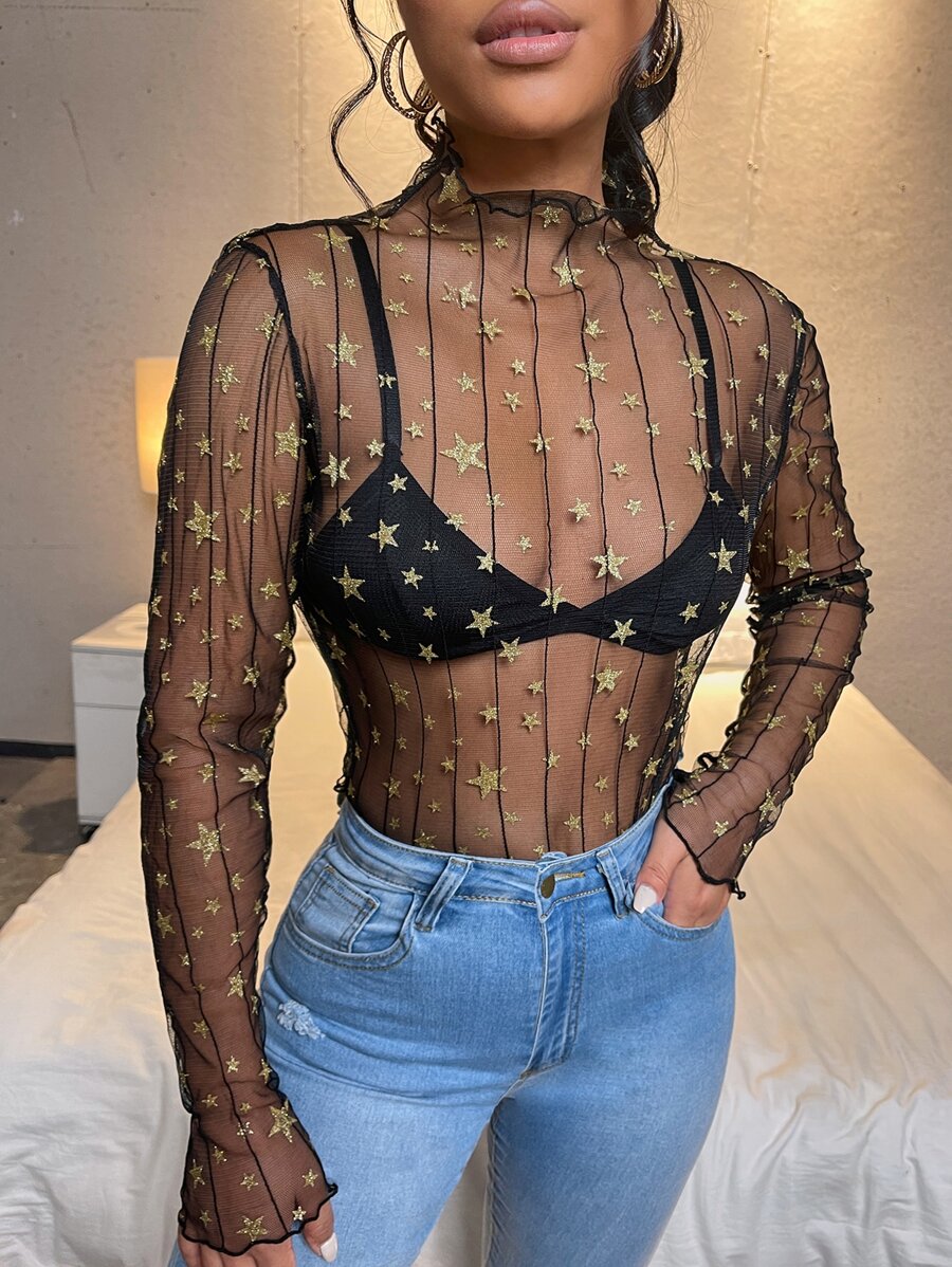 SHEIN Lettuce Trim Gold Galaxy Print Sheer Mesh Top Without Bra - Black - View 1