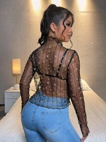 SHEIN Lettuce Trim Gold Galaxy Print Sheer Mesh Top Without Bra - Black - View 2