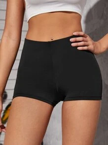SHEIN PETITE Solid High Waist Cycling Shorts - Black - View 3