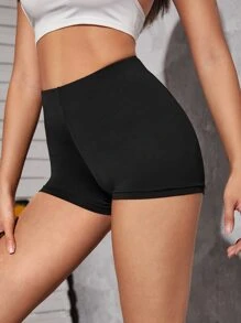 SHEIN PETITE Solid High Waist Cycling Shorts - Black - View 5