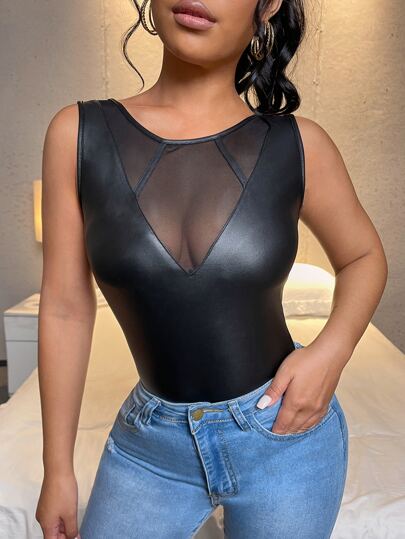 SHEIN SXY Solid Contrast Mesh PU Leather Tank Top