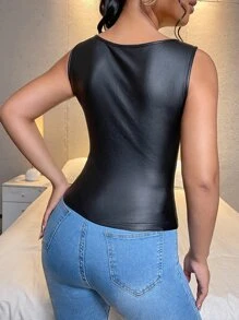 SHEIN SXY Solid Contrast Mesh PU Leather Tank Top - Black - View 2