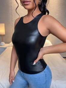 SHEIN SXY Áo hai dây màu trơn Giải trí - màu đen - Xem 3