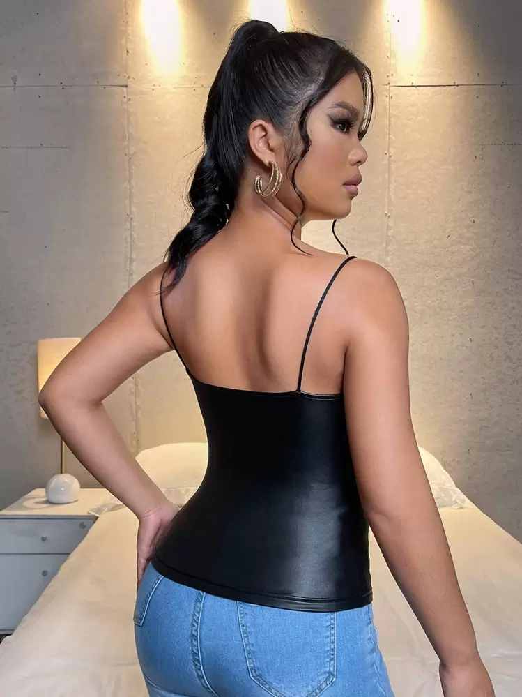 SHEIN SXY PU Leather Cami Top - Black - View 2