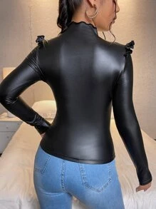 SHEIN SXY Mock Neck Ruffle Trim PU Leather Tee - Black - View 2