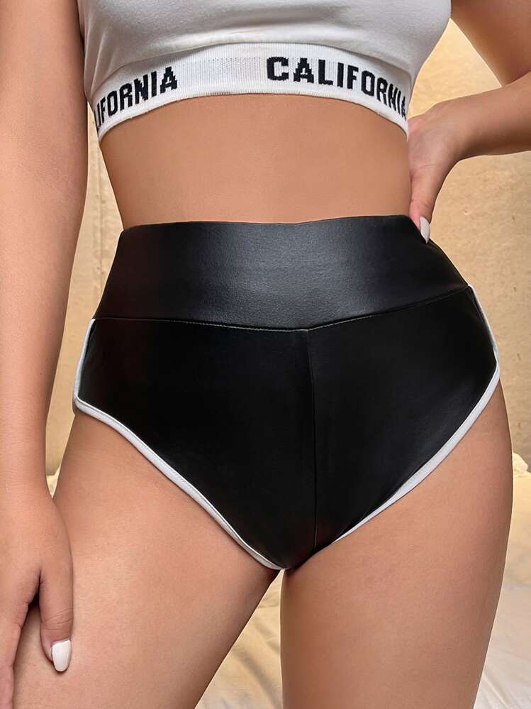 SHEIN SXY 撞色滾邊PU皮革短褲 - 黑色 - 查看 4