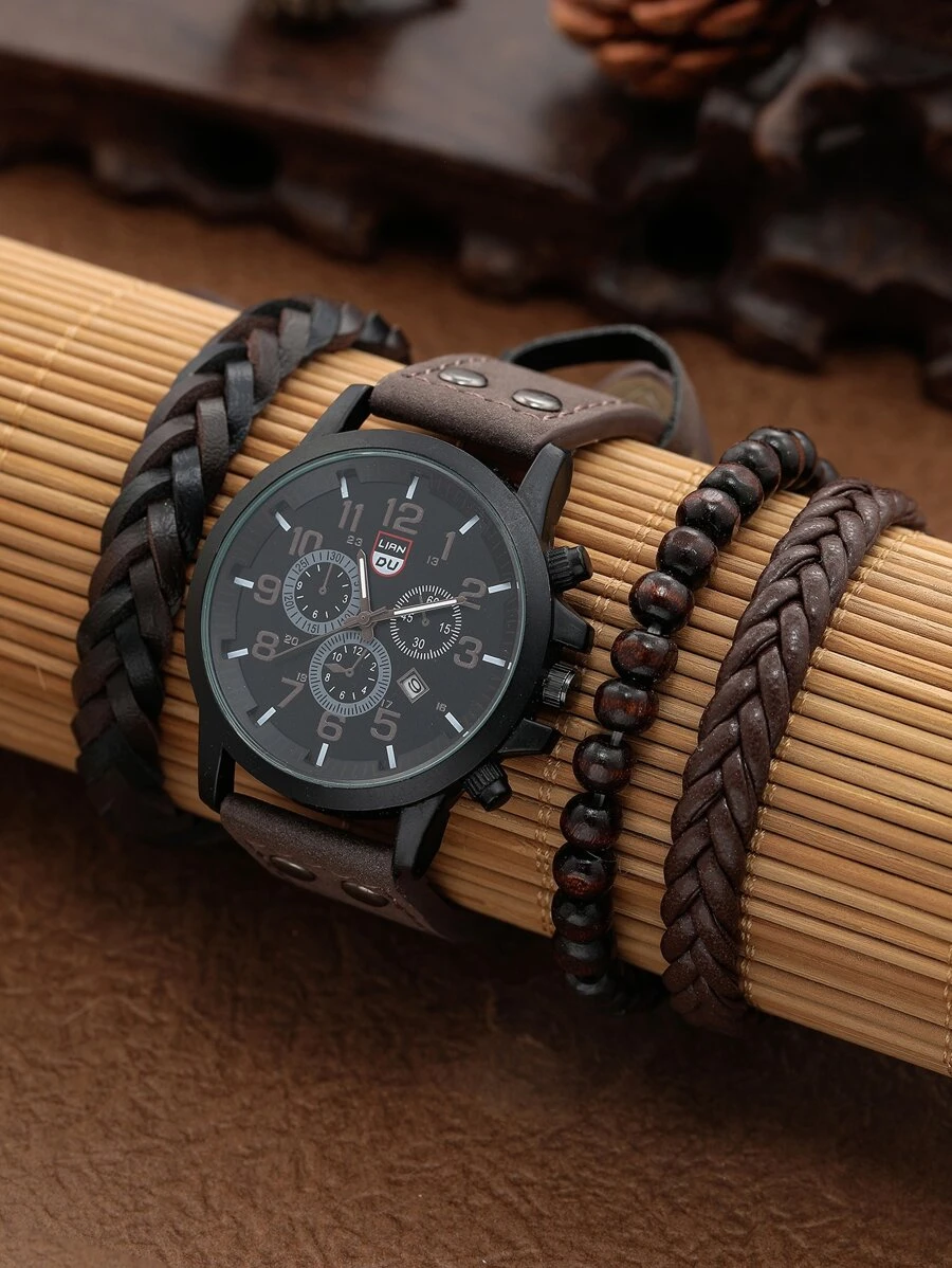 1入組男士圓形指針日期石英手錶和3入組手環 - 黑色 - 查看 1