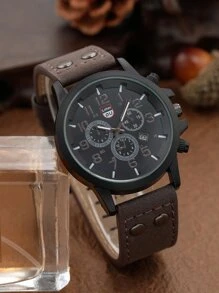 1入組男士圓形指針日期石英手錶和3入組手環 - 黑色 - 查看 3