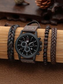 1入組男士圓形指針日期石英手錶和3入組手環 - 黑色 - 查看 4