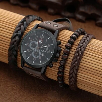 1入組男士圓形指針日期石英手錶和3入組手環