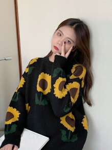 Sunflower Pattern Drop Shoulder Jumper - Black - View 1