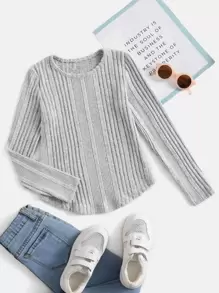 SHEIN Girls Rib Knit Curved Hem Tee - Light Grey - View 1