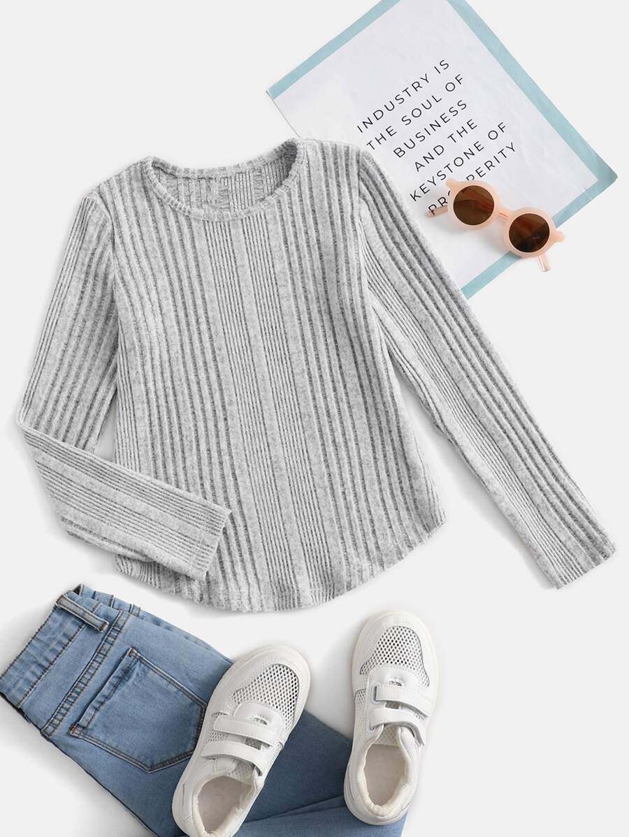 SHEIN Girls Rib Knit Curved Hem Tee - Light Grey - View 1