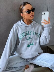 SHEIN Unity Eagle & Letter Graphic Drop Shoulder Kangaroo Pocket Drawstring Hoodie - Light Grey - View 1