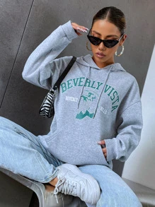 SHEIN Unity Eagle & Letter Graphic Drop Shoulder Kangaroo Pocket Drawstring Hoodie - Light Grey - View 3