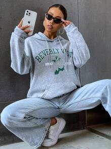 SHEIN Unity Eagle & Letter Graphic Drop Shoulder Kangaroo Pocket Drawstring Hoodie - Light Grey - View 4