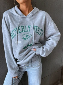 SHEIN Unity Eagle & Letter Graphic Drop Shoulder Kangaroo Pocket Drawstring Hoodie - Light Grey - View 5