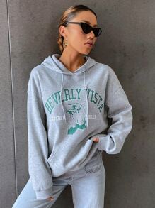 SHEIN Unity Eagle & Letter Graphic Drop Shoulder Kangaroo Pocket Drawstring Hoodie - Light Grey - View 6