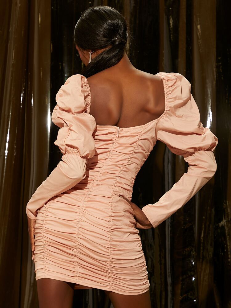 Gigot Sleeve Ruched Bust Bodycon Dress