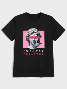 ROMWE MEN 休閒人像 字母男士上衣 - 黑色 - 查看 1