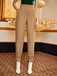 SHEIN BAE Fold Pleated Garment Eyelet Hem Pants - Brown - View 5