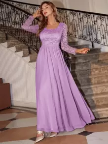Guipure Lace Insert Chiffon Prom Dress - Purple - View 1