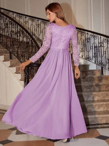 Guipure Lace Insert Chiffon Prom Dress - Purple - View 2