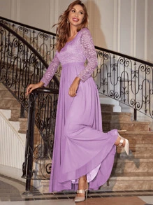 Guipure Lace Insert Chiffon Prom Dress - Purple - View 3