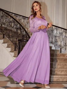 Guipure Lace Insert Chiffon Prom Dress - Purple - View 4