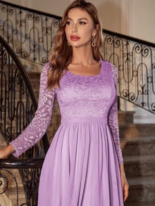 Guipure Lace Insert Chiffon Prom Dress - Purple - View 5