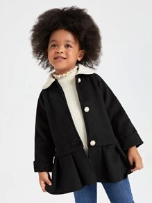SHEIN Toddler Girls Ruffle Hem Contrast Collar Overcoat - Black - View 3