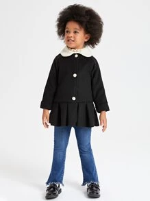 SHEIN Toddler Girls Ruffle Hem Contrast Collar Overcoat - Black - View 4