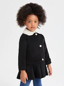 SHEIN Toddler Girls Ruffle Hem Contrast Collar Overcoat - Black - View 5