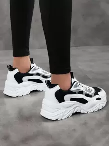 Black Colorblock Lace-Up Front Chunky Sneakers