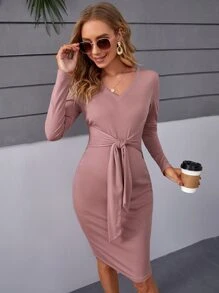 SHEIN Maternidad Vestido ajustado tejido de canalé con cordón delantero - Rosa vieja - Ver 1