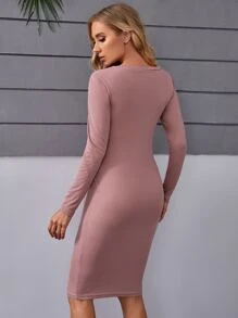 SHEIN Maternidad Vestido ajustado tejido de canalé con cordón delantero - Rosa vieja - Ver 2