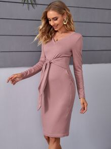 SHEIN Maternidad Vestido ajustado tejido de canalé con cordón delantero - Rosa vieja - Ver 3