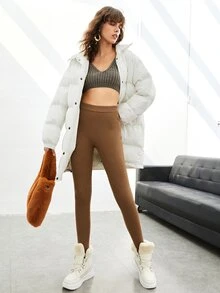 SHEIN Pantalones delgado tejido de canalé - Camel - Ver 3