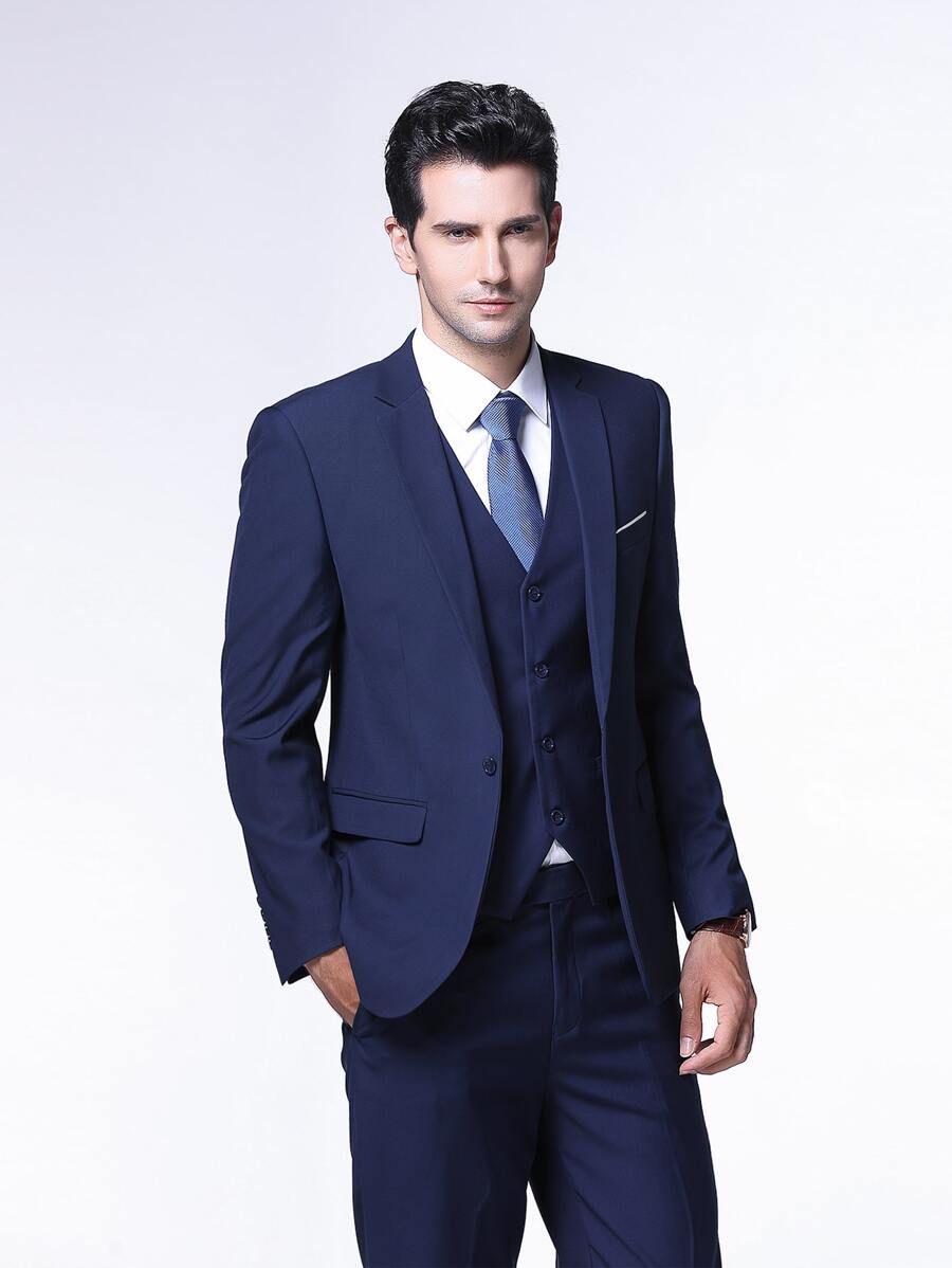 CLOUDSTYLE Men Solid Single Button Lapel Neck Blazer - Navy Blue - View 1