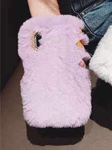 Rhinestone Decor Fluffy Case Tương thích với iPhone - Màu tím - Xem 2