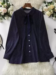 Mulvari Plus Polka Dot Print Tie Neck Blouse - Navy Blue - View 1