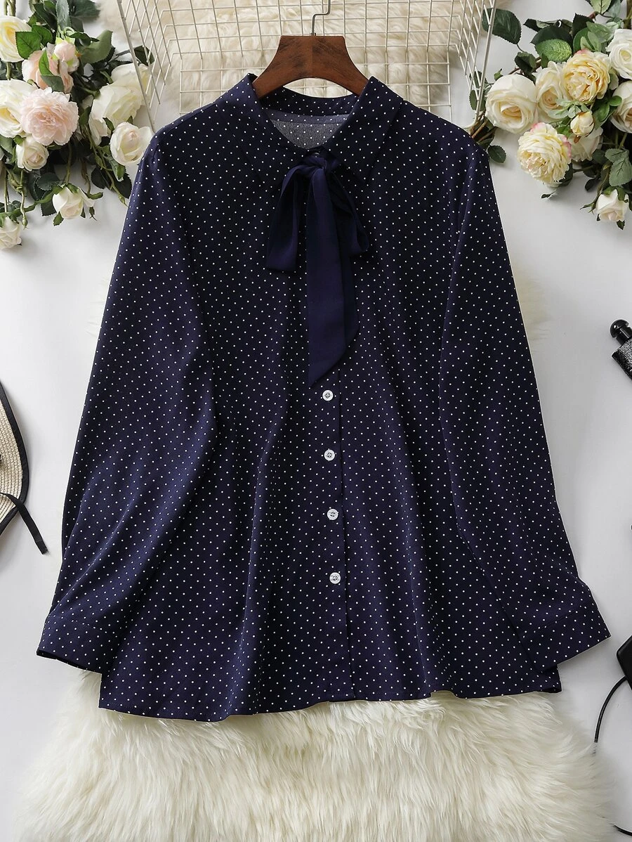 Mulvari Plus Polka Dot Print Tie Neck Blouse - Navy Blue - View 1